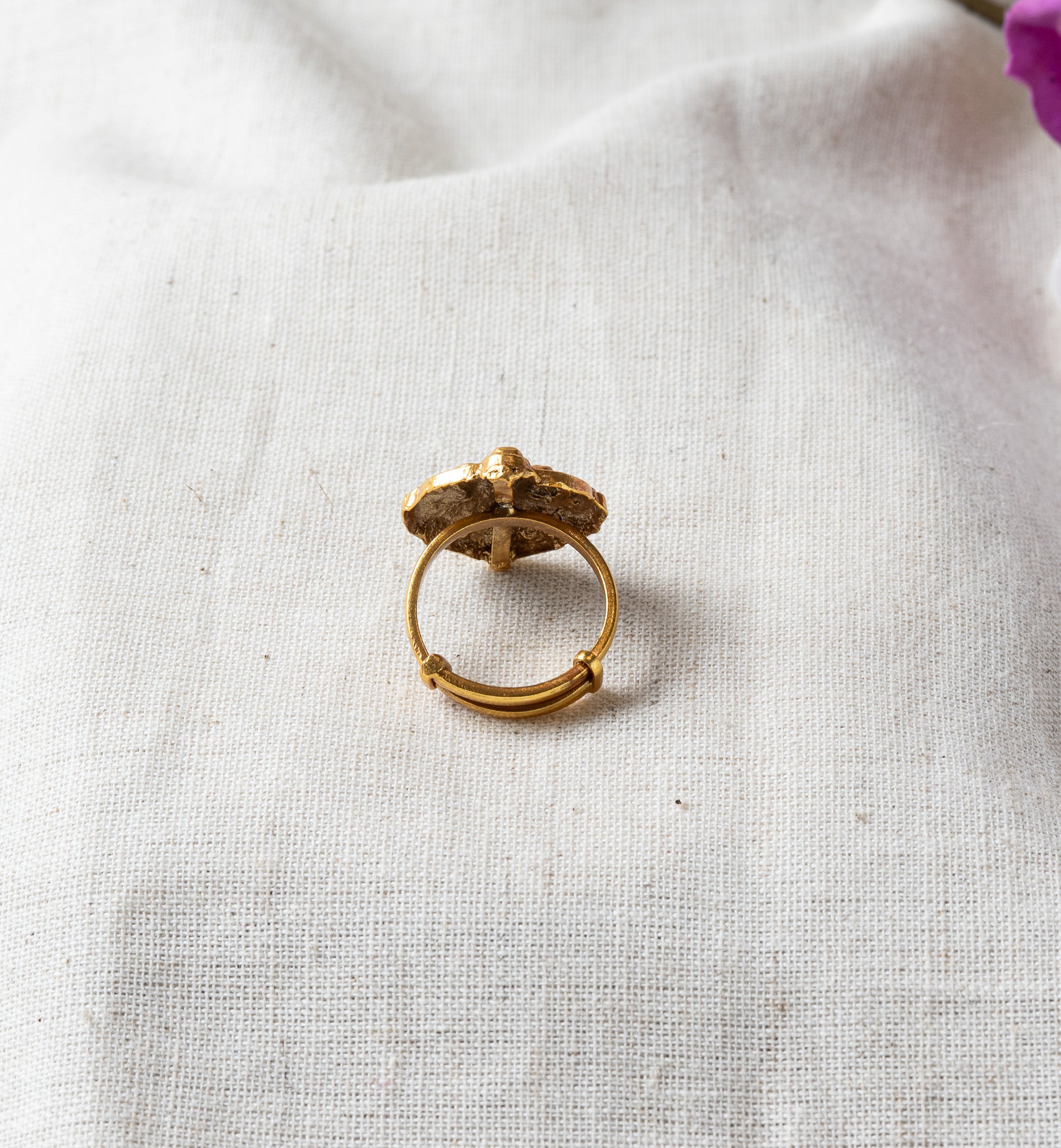 Back of the Lakshmi coin ring showing its open adjustable shank in antique gold plated 925 silver
