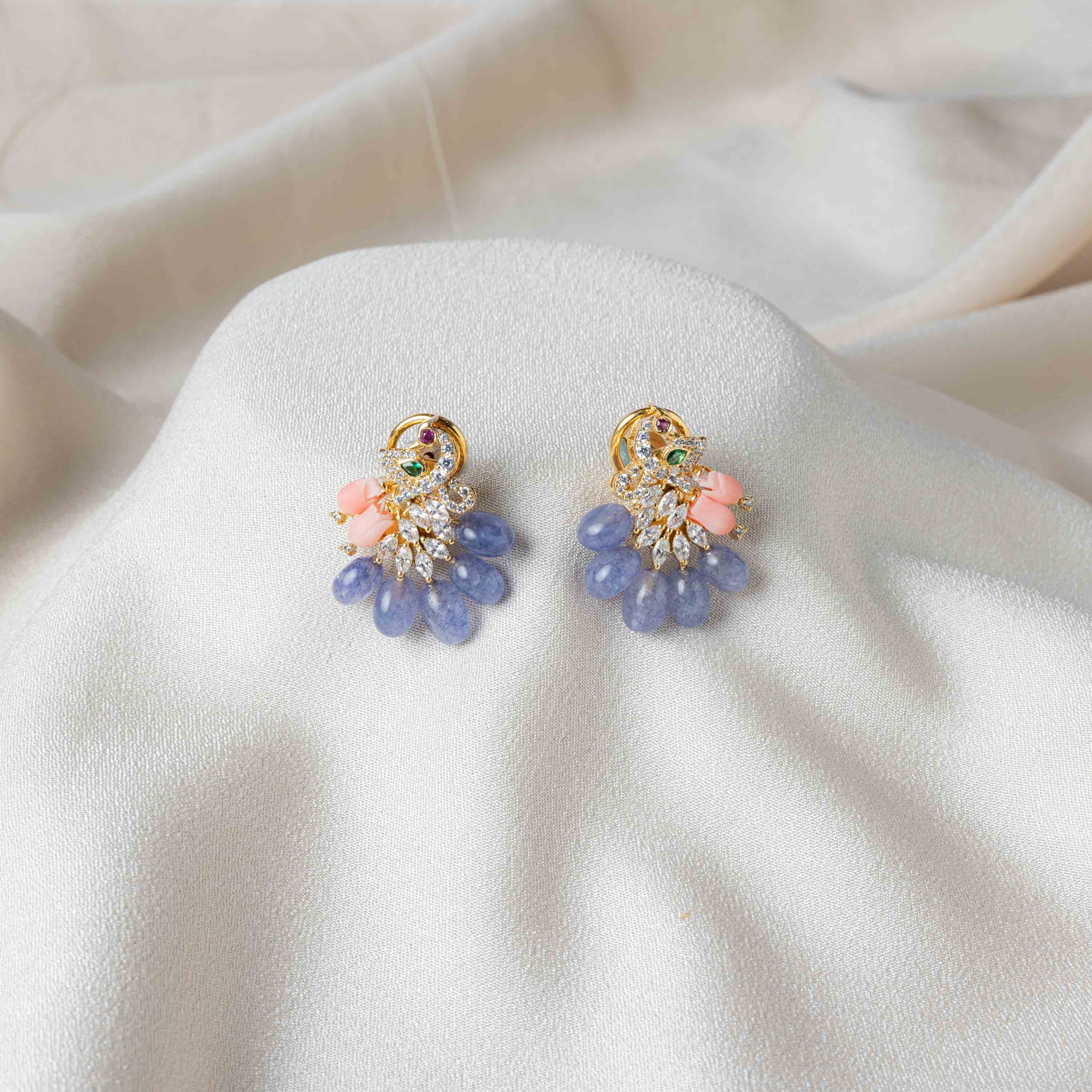Mayura peacock CZ stud earrings in 925 sterling silver with gold plating, pink coral and strawberry bead detailing