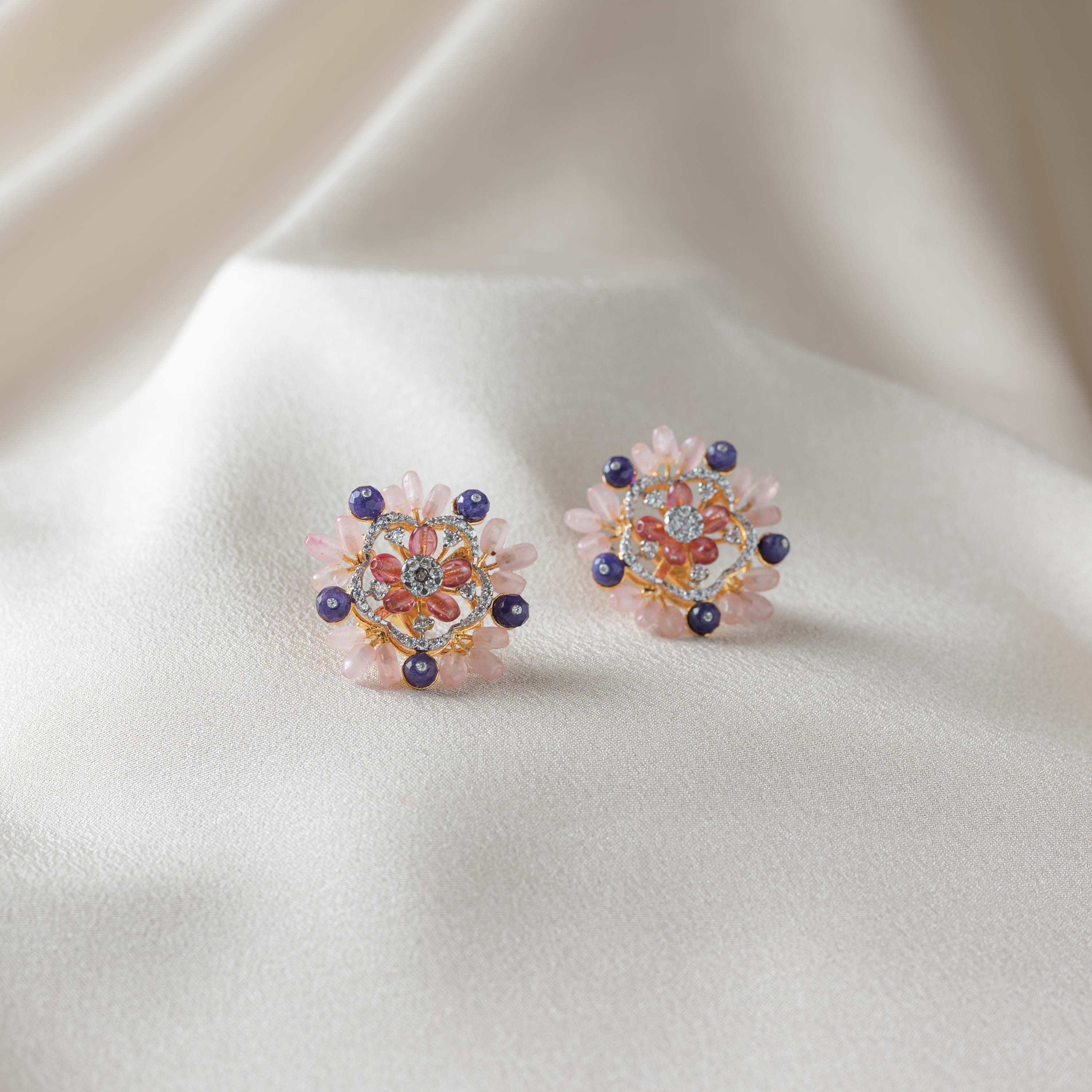Peonia floral CZ stud earrings in 925 sterling silver with gold plating and strawberry bead detailing