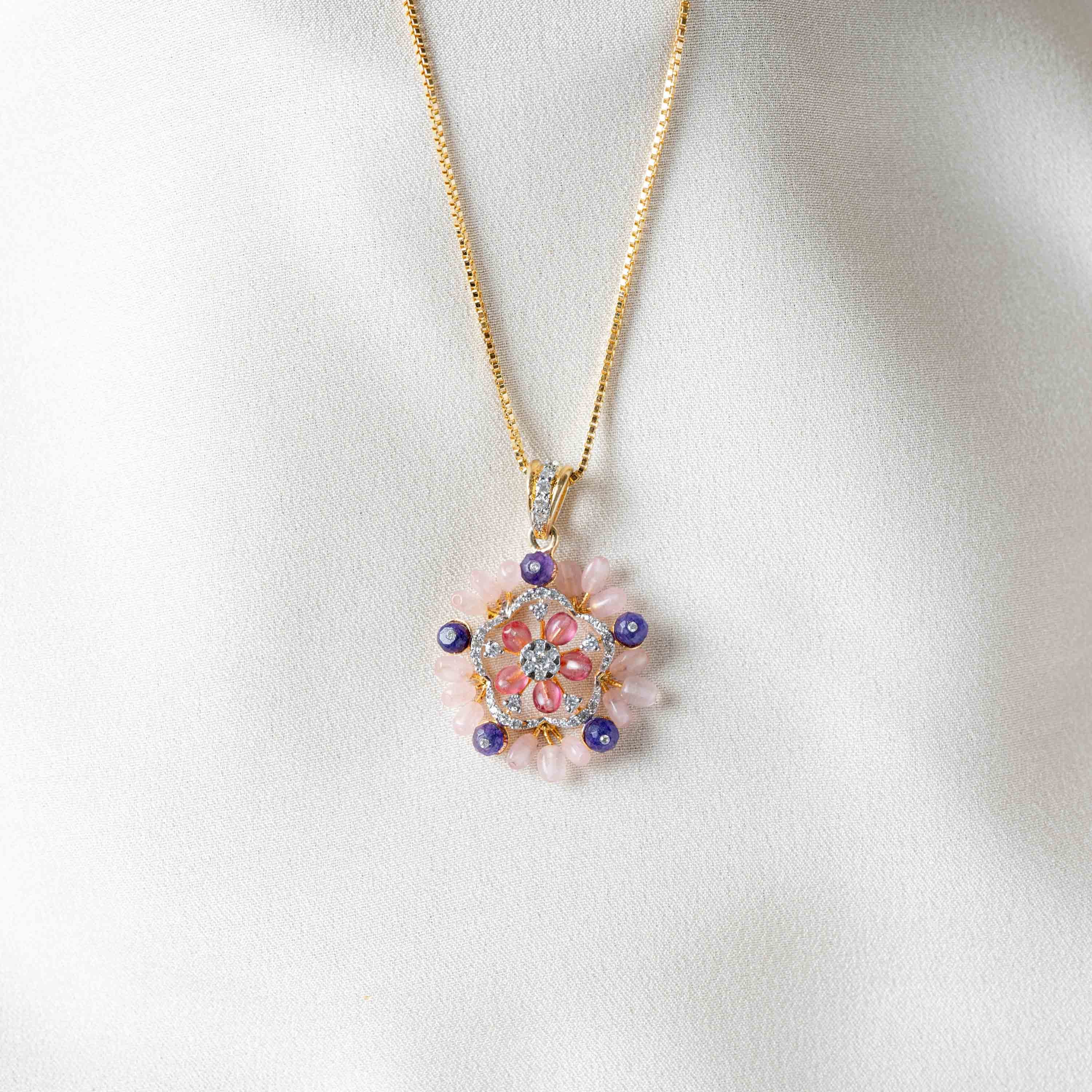 Peonia floral pendant necklace in 925 sterling silver with gold plating, CZ center stone and pink bead detailing