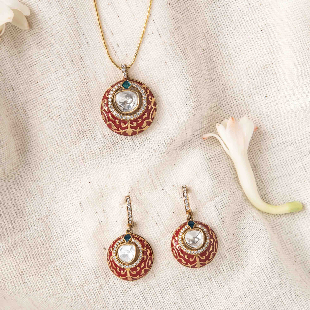 Bombay screw back fittings behind the red meenakari polki drop earrings in Victorian finish silver