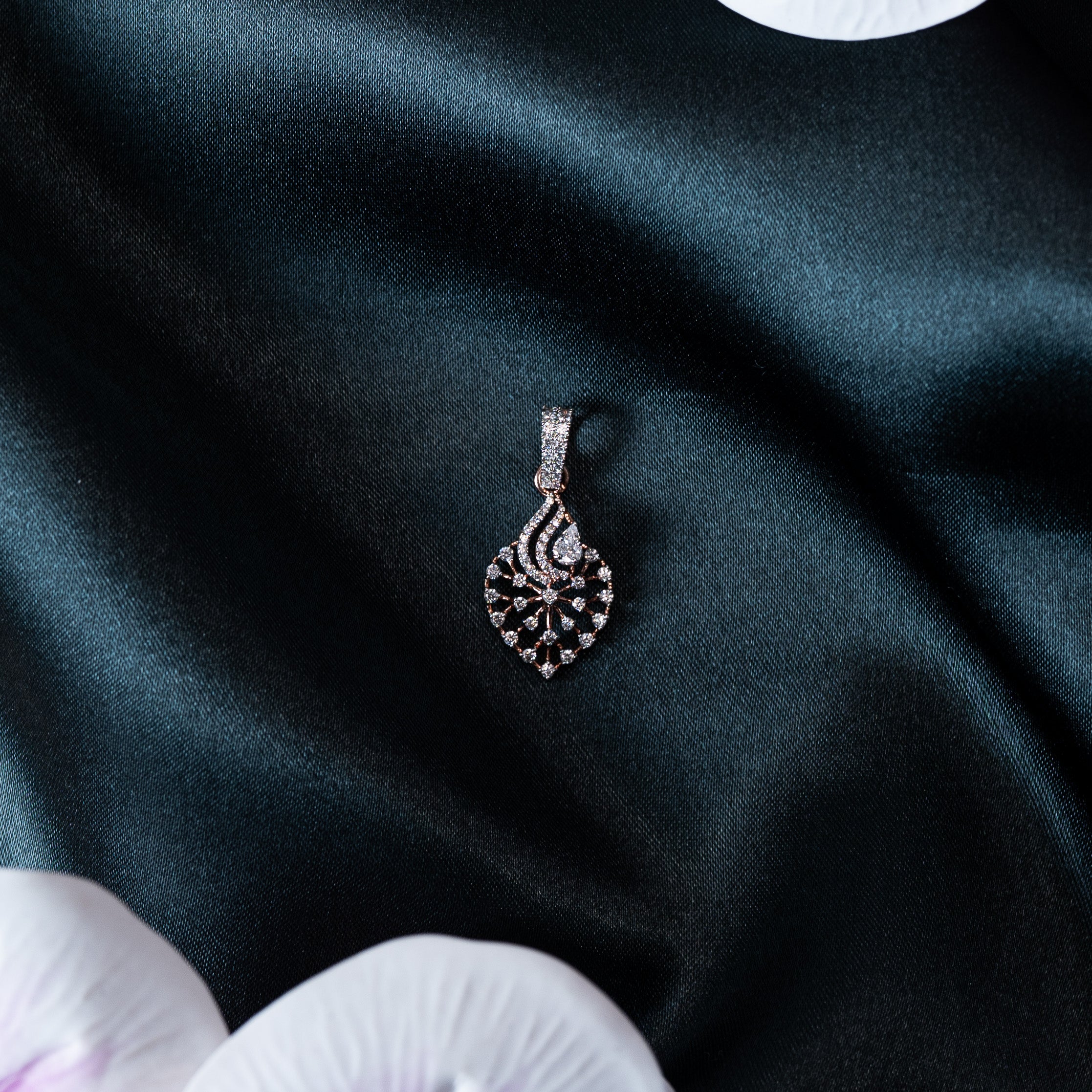 Paisley pendant paved with CZ stones and a CZ set bail, rose gold plated 925 silver
