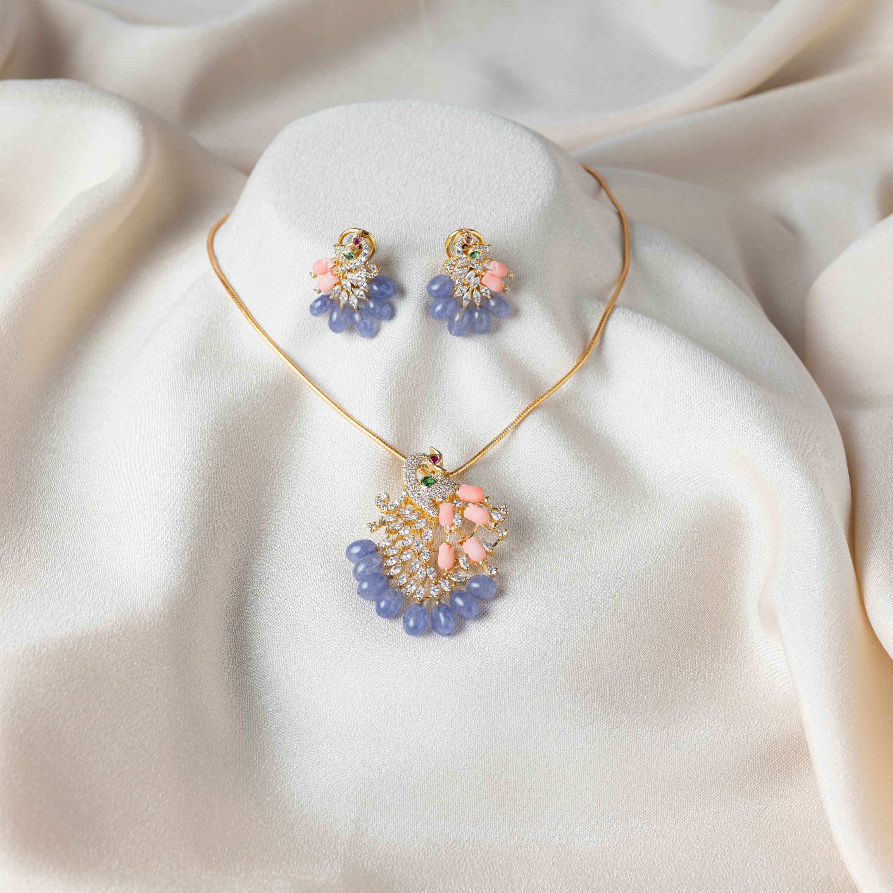 Mayura peacock CZ stud earrings with matching pendant necklace in 925 sterling silver and gold plating