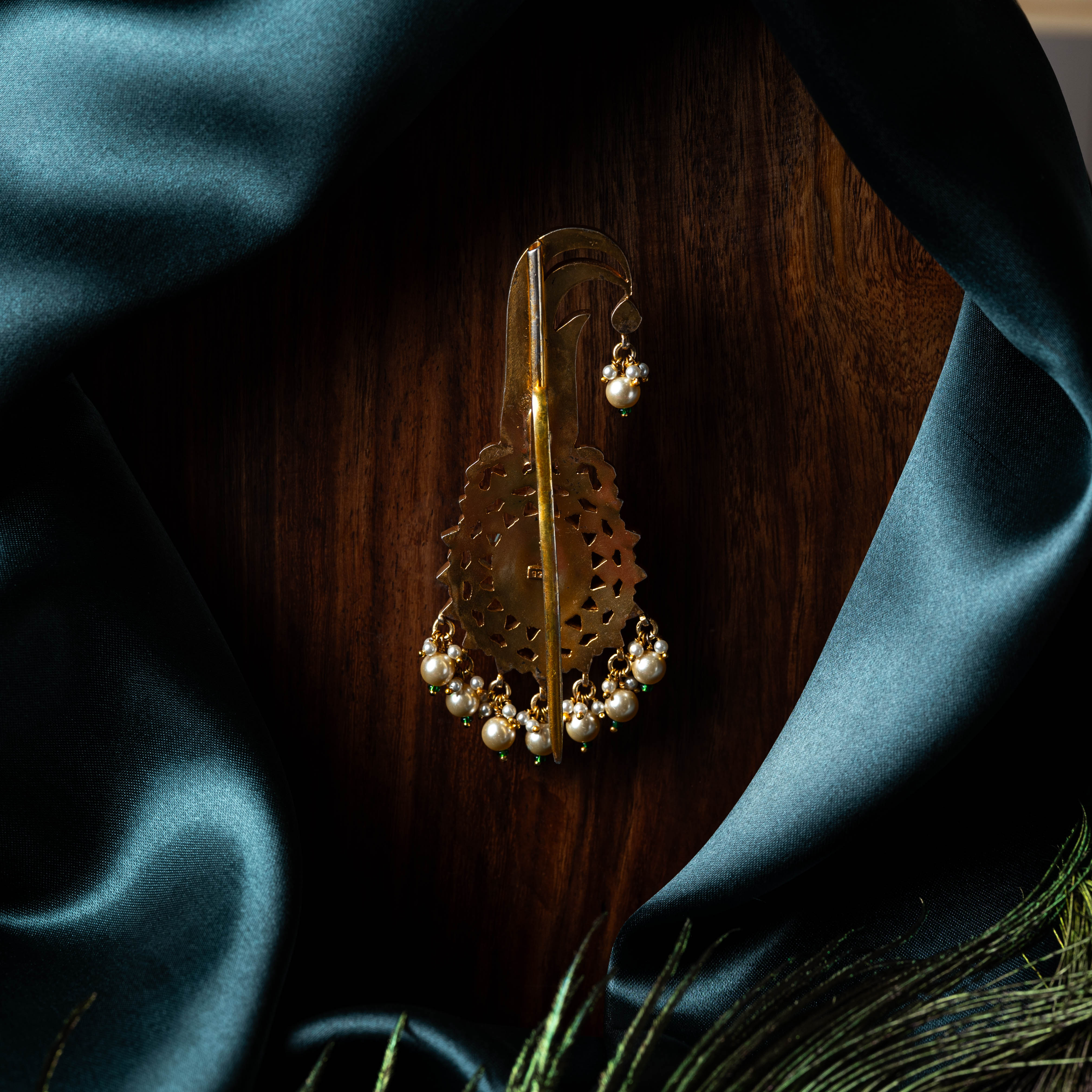 Back of the kalangi showing the long hair pin and pearl drops in gold plated 925 silver