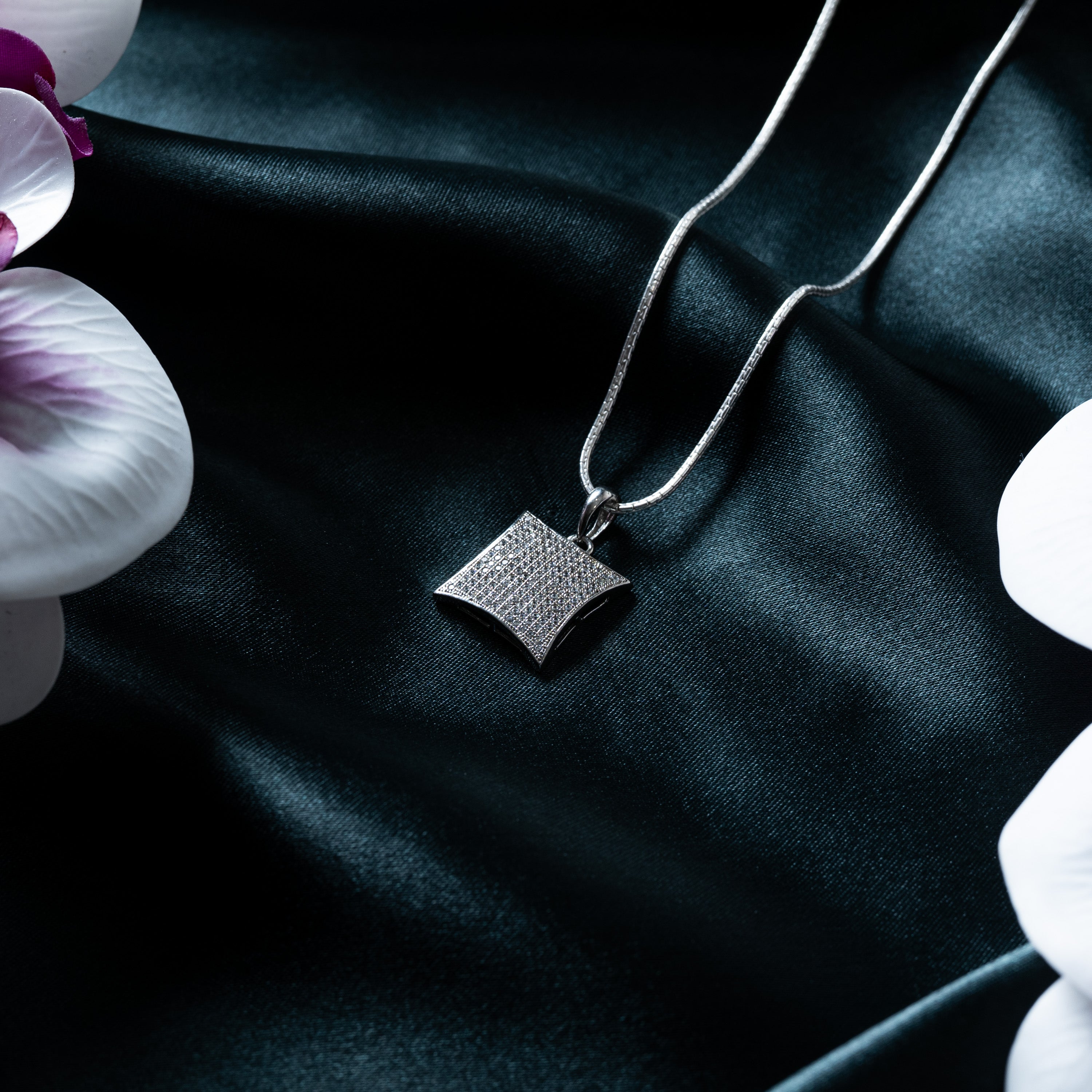 Kite shaped pendant paved with CZ stones on a snake chain, rhodium finish 925 silver