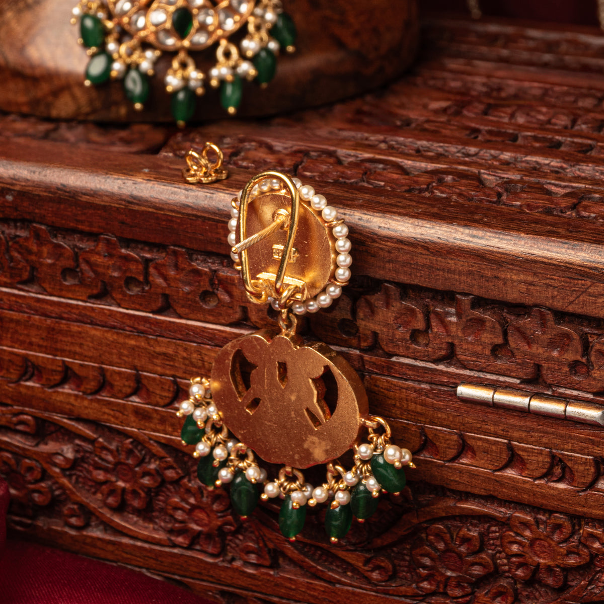 Seed pearl and green bead fringe below the kundan chand bali, antique gold finish 925 silver