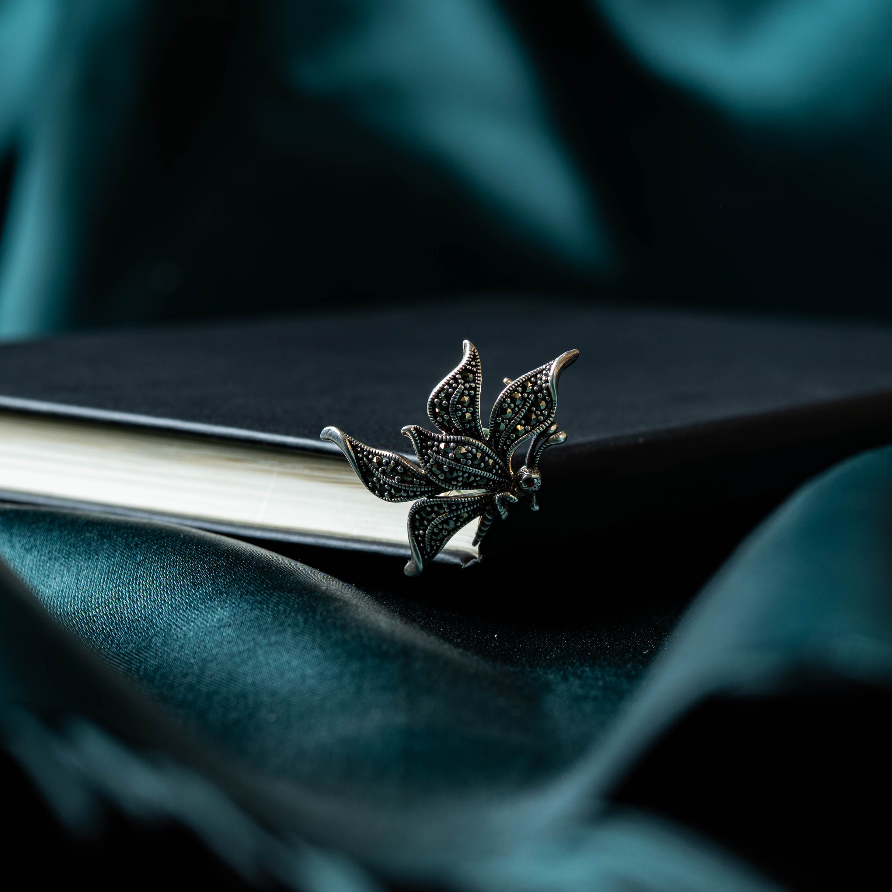 Butterfly brooch with fine marcasite wings in oxidised 925 silver