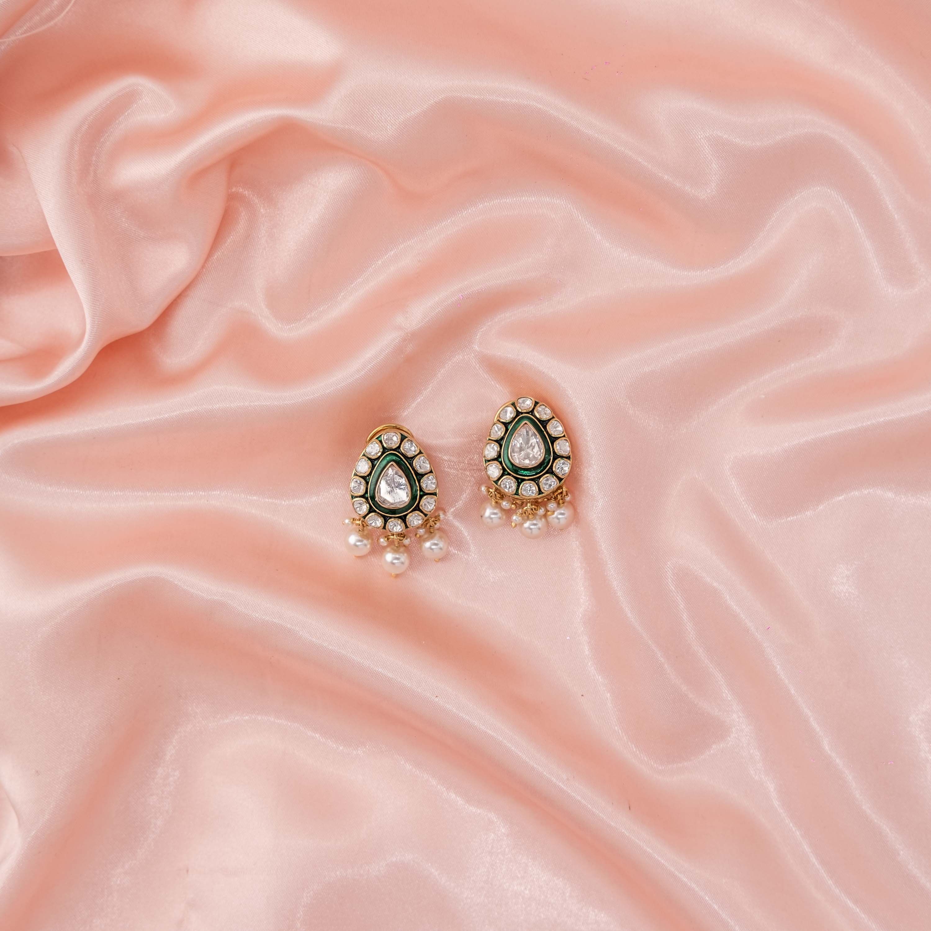 Zehra Green Polki stud earrings in 925 sterling silver with gold plating, Moissanite Polki, CZ stones and pearl clusters