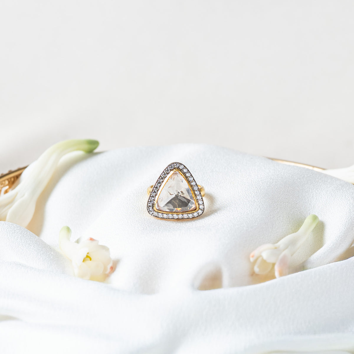 Victorian ring with an uncut trillion polki in a blackened CZ pave halo on gold plated 925 silver